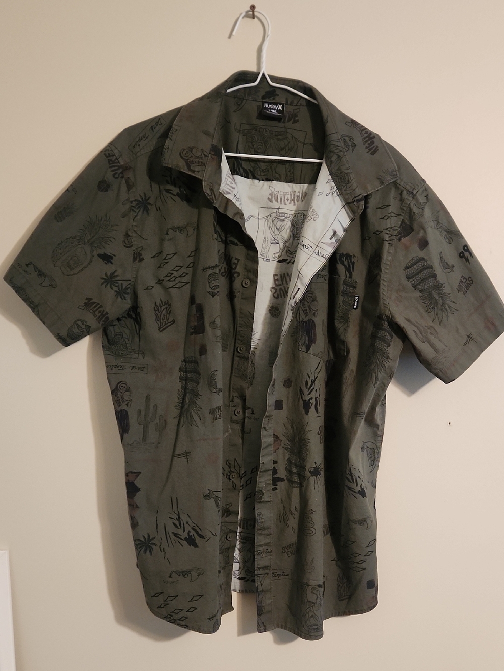 Hurley Olive Green Short Sleeve Graphic Button-Up Shirt